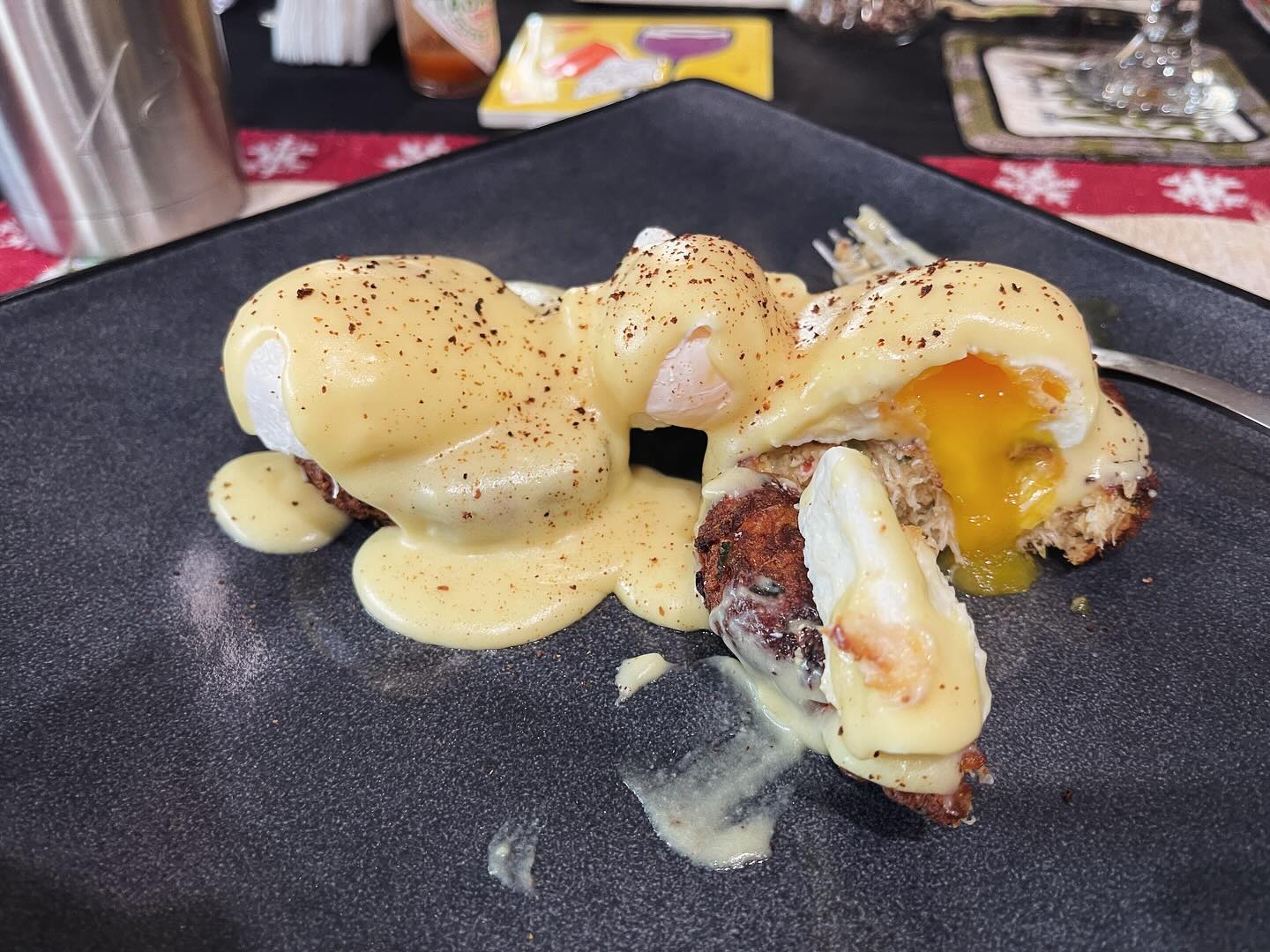 Christmas breakfast was keto crab cakes Benedict. Over the years, I’ve nailed down a system for making bulk poached eggs so that I can feed the whole family at once (YouTube video coming soon).

I still always poach one extra egg, just in case something goes wrong. That means I usually get a bonus egg for me. That’s the lump in the center between the two crab cakes. 

The only downside to a breakfast like this is that I’m ready for a nap after eating it. 😉